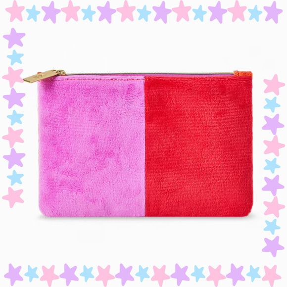 Pink, Red, and Orange Colorblock Fuzzy Cosmetics Makeup Bag - Picture 1 of 6